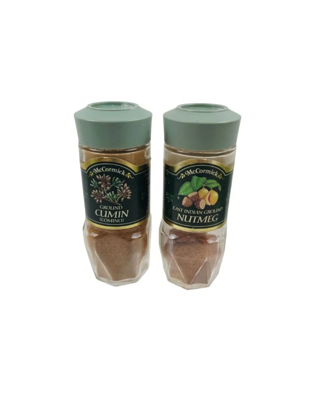 McCormick Spice Jars Thyme Rosemary Marjoram Cumin Nutmeg Vintage Green Lids
